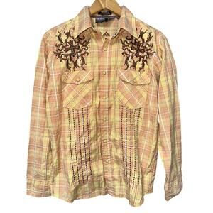 Lamasini Men’s Western Rodeo Shirt  Yellow Plaid Embroidered Red Rhinestones M